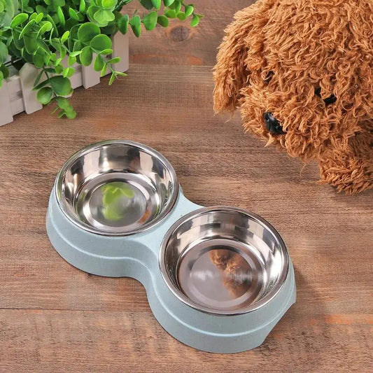 Dog Double Bowl Puppy Food Water Feeder Cute Stainless Steel Pets Drinking Dish Feeder Pets Supplies Feeding Dishes Dogs Bowl Ohberri
