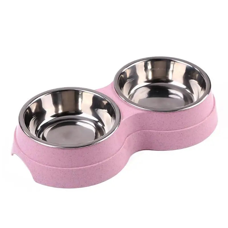 Dog Double Bowl Puppy Food Water Feeder Cute Stainless Steel Pets Drinking Dish Feeder Pets Supplies Feeding Dishes Dogs Bowl Ohberri