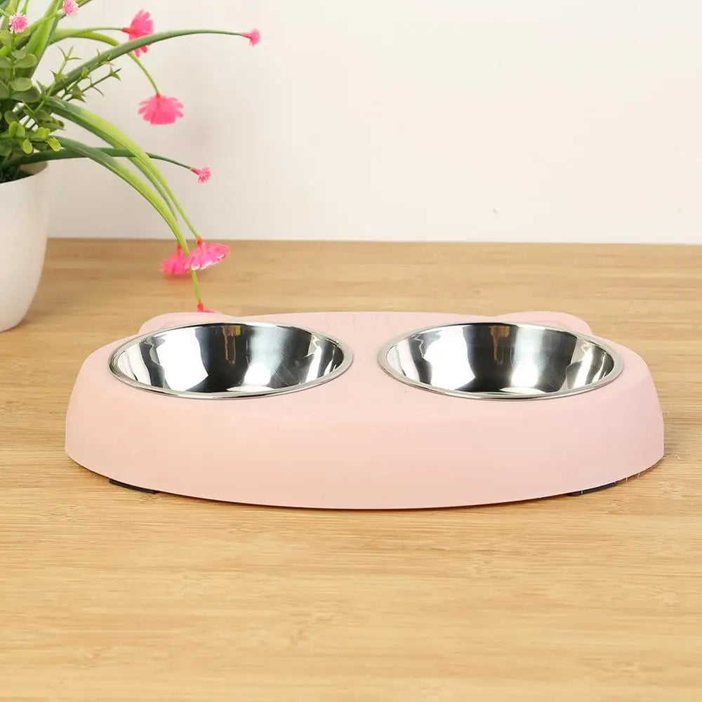 Dog Double Bowl Puppy Food Water Feeder Cute Stainless Steel Pets Drinking Dish Feeder Pets Supplies Feeding Dishes Dogs Bowl Ohberri