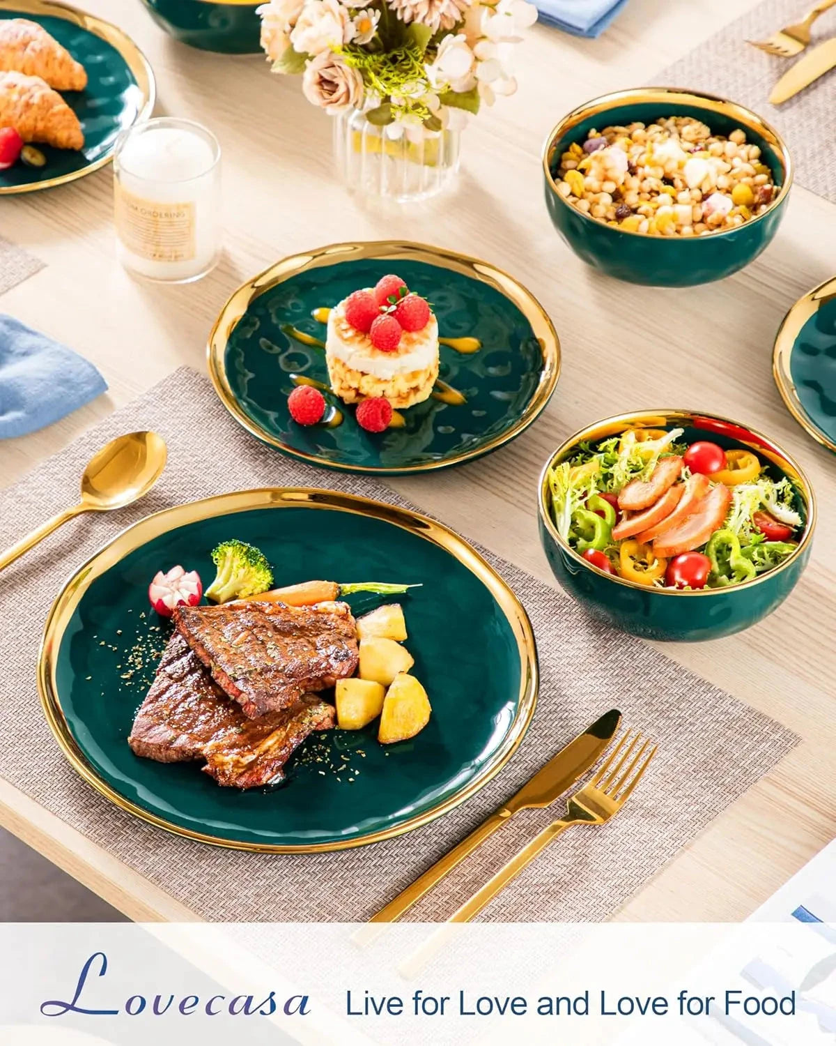 12 Pieces Plates and Bowls Sets, Porcelain Green and Gold Dinnerware Sets Ohberri
