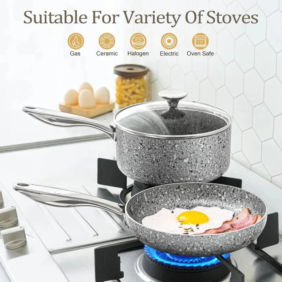 Pots and Pans Set 10 Piece Cookware Set with Granite Coatings for Super Nonstick Ohberri