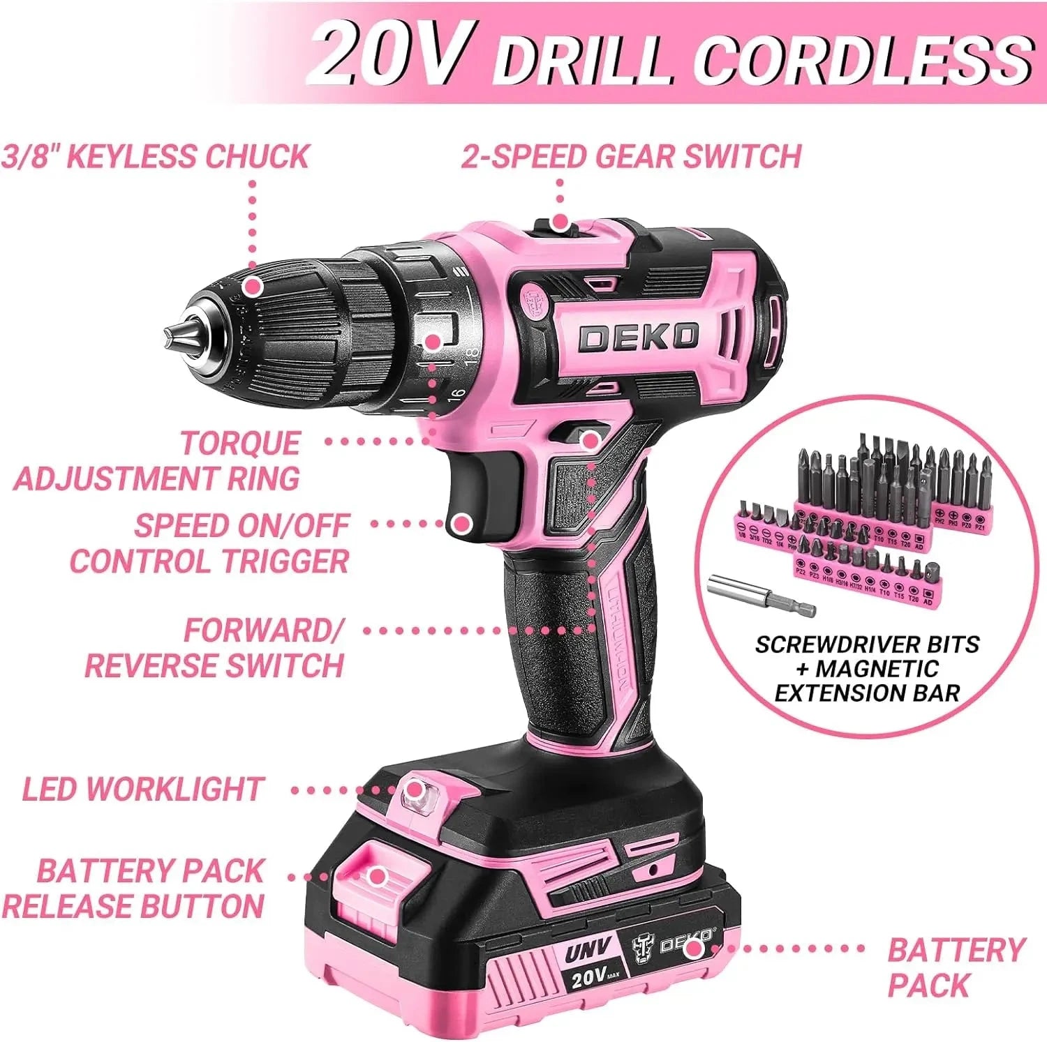 DEKO Pink Drill Tool Kit Set: 20V Cordless Power Drill Tool Box with Battery Electric Drill Driver Ohberri