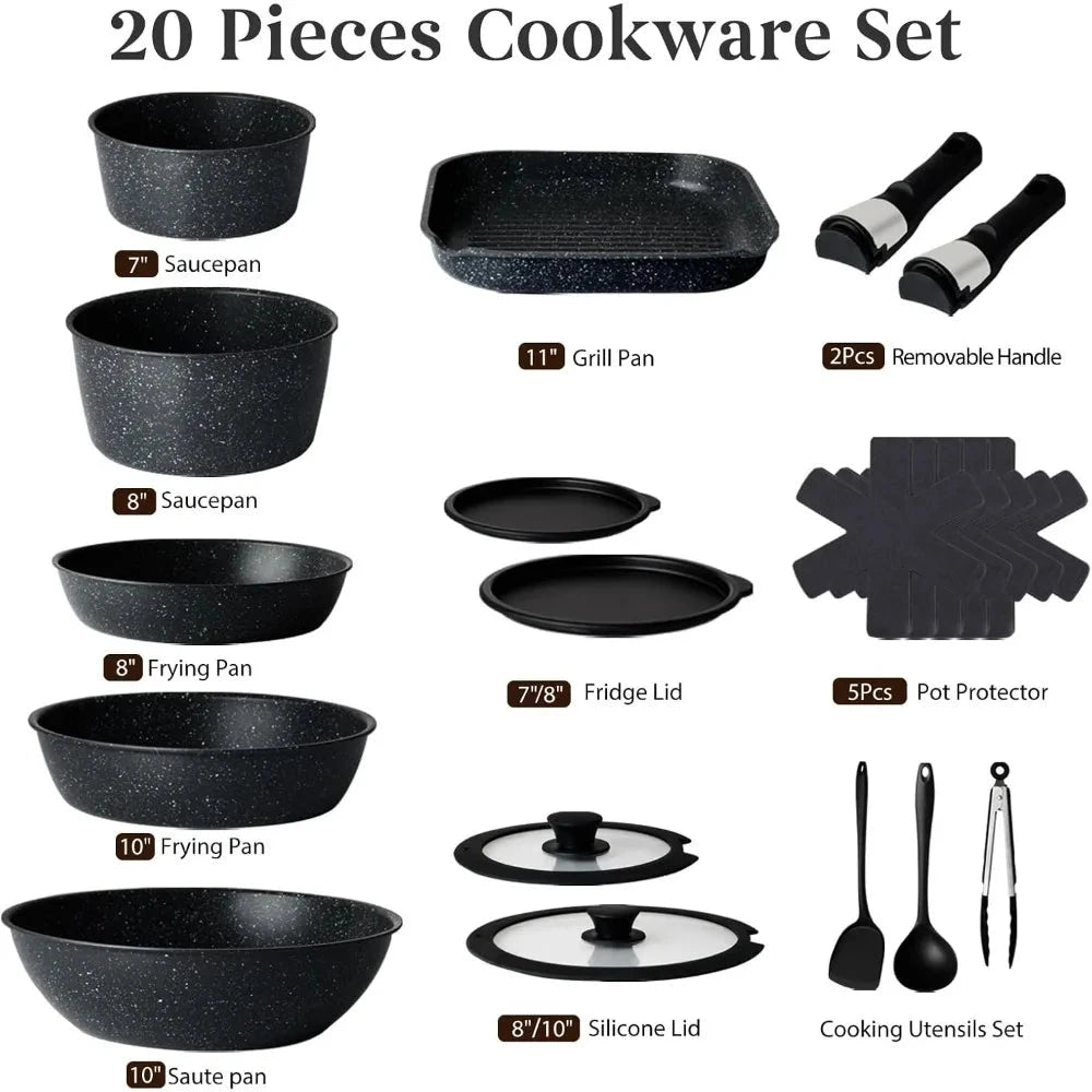 20 Pcs Pots and Pans Set Non Stick, Ceramic Cookware Set Detachable Handle Ohberri