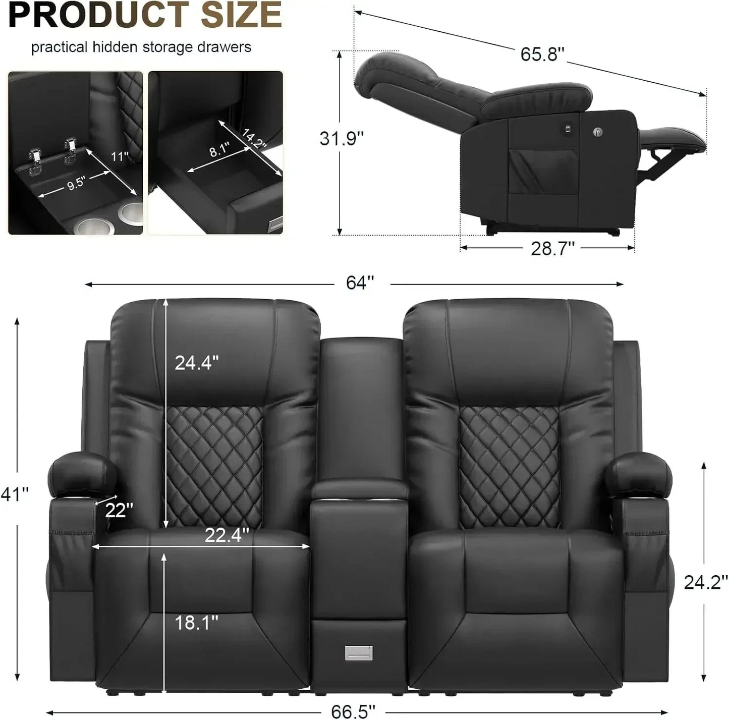 Loveseat Recliner with Storage Console & USB Ports, 2 Cell Phone Holders Ohberri