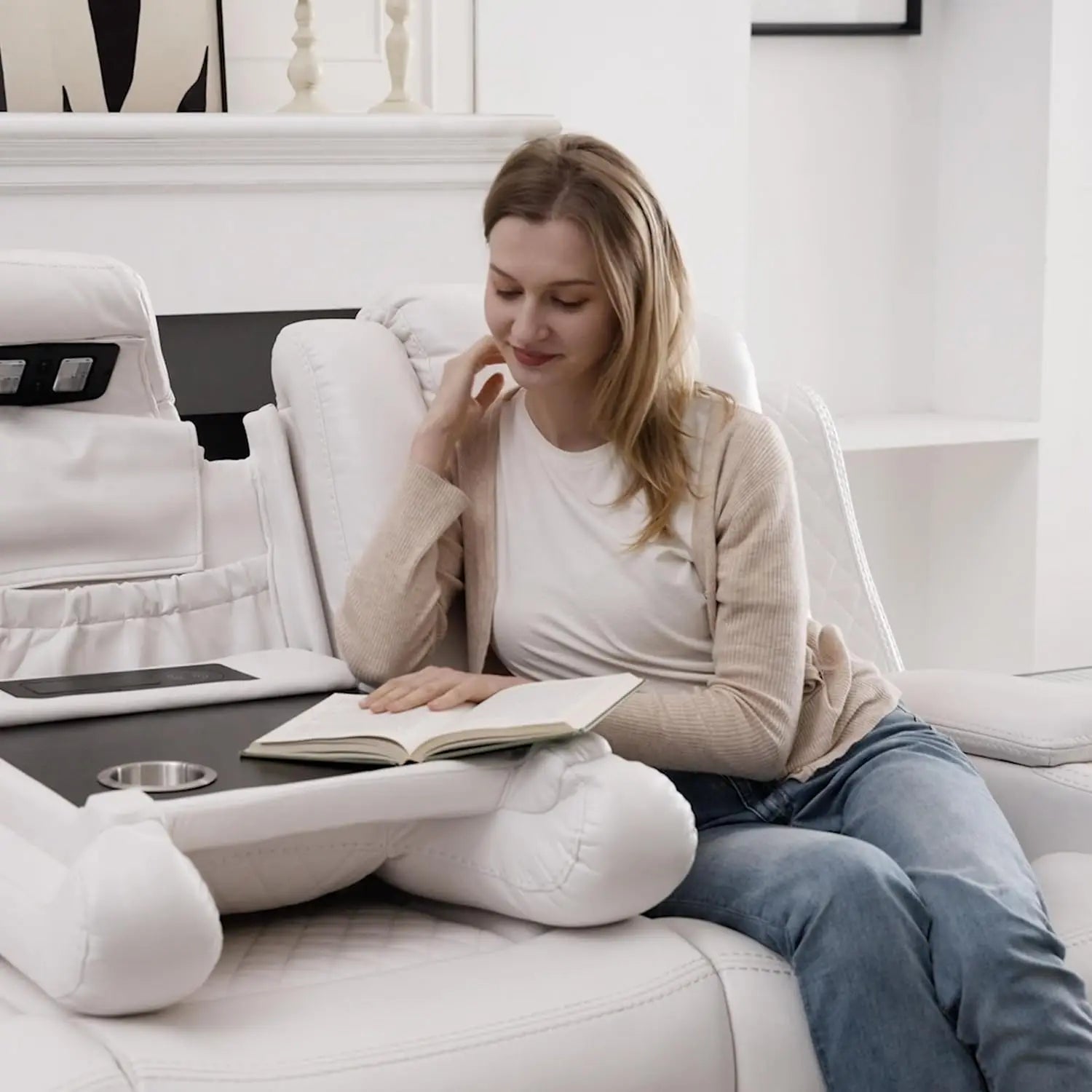 5 Seater Faux Leather Power Recliner Sofa Set with Drop-Off Table, Wireless Charger & Type-C, Loveseat with Bass Speaker - Ohberri