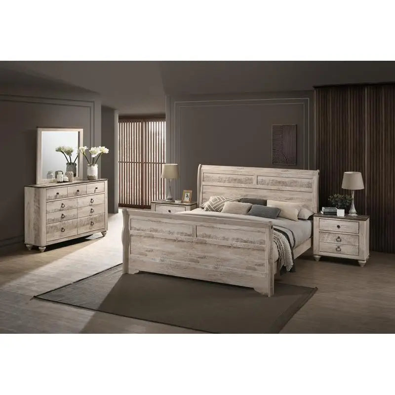 Contemporary White Wash Finish King Sleigh Bed Set with Dresser, Mirror, and 2 Nightstands - Ohberri