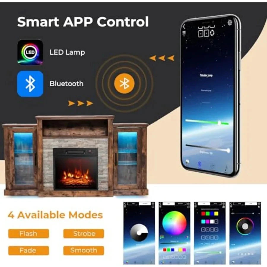 Electric Fireplace TV Stand for TVs Up to 65" TV Console with 16Color LED Light Adjustable Glass Shelves 19" Fireplace Ohberri