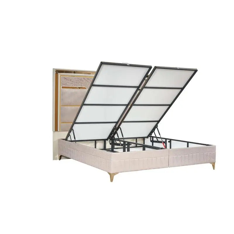 5 Piece Queen Upholstered Bedroom Set with Wood and Gold Accents in Beige - Ohberri