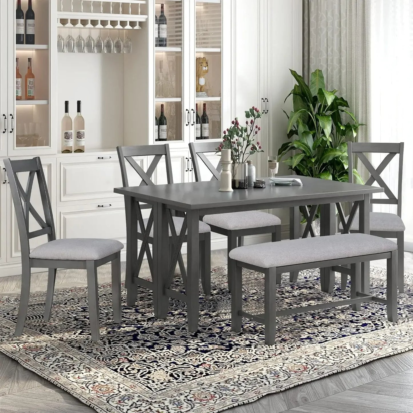 Farmhouse Dining Room Table Set with Storage Shelf Wooden 6 Piece Kitchen Table Set with Bench and Chairs - Ohberri