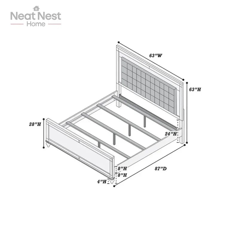 King Size Panel Bed Frame with LED Lights - Beautiful Silver Tufted Faux Leather - Ohberri