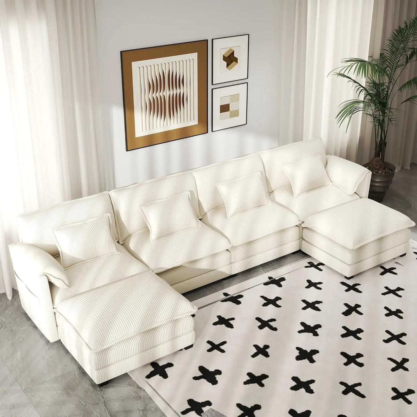 Modular Sectional Sofa Convertible Couch with Movable Ottoman,6 Pillows and 2 Armrest Pillows Ohberri