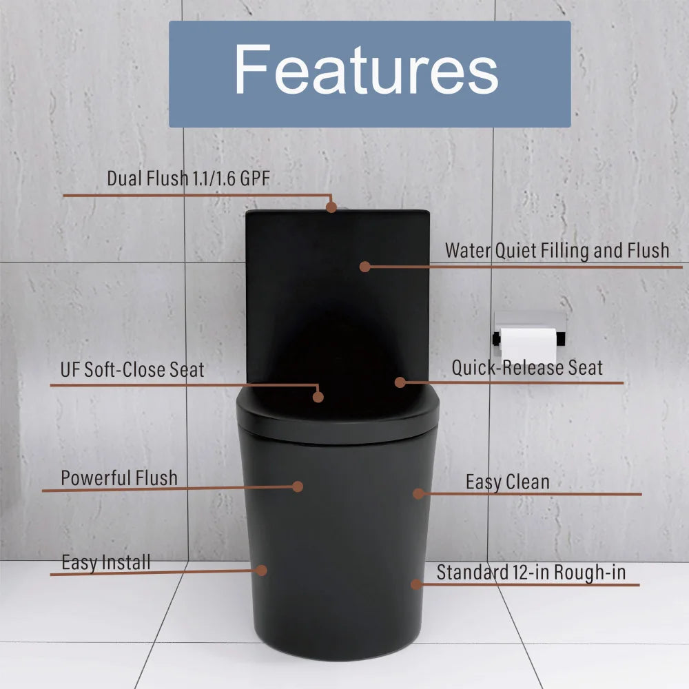 Matte Black Elongated One Piece Toilet Dual Flush 1.1/1.6 GPF Water Saving Map 1000g,Matte Black Ohberri