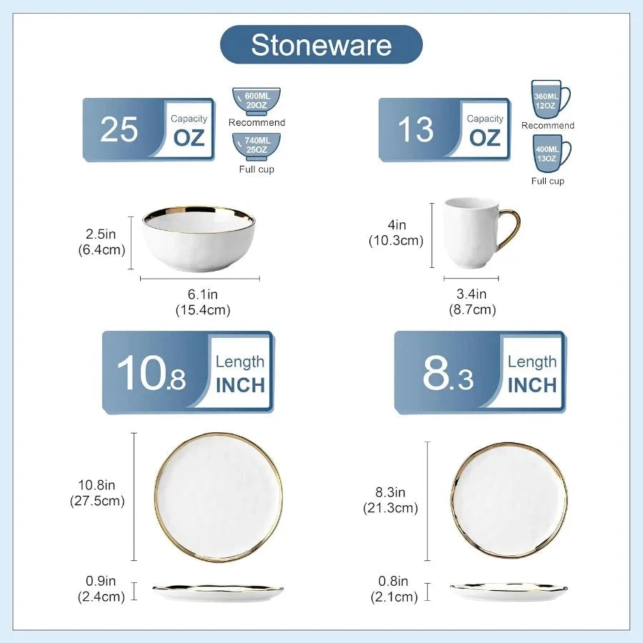 16 Pieces Plates and Bowls Sets Porcelain White and Gold Dinnerware Sets Ohberri