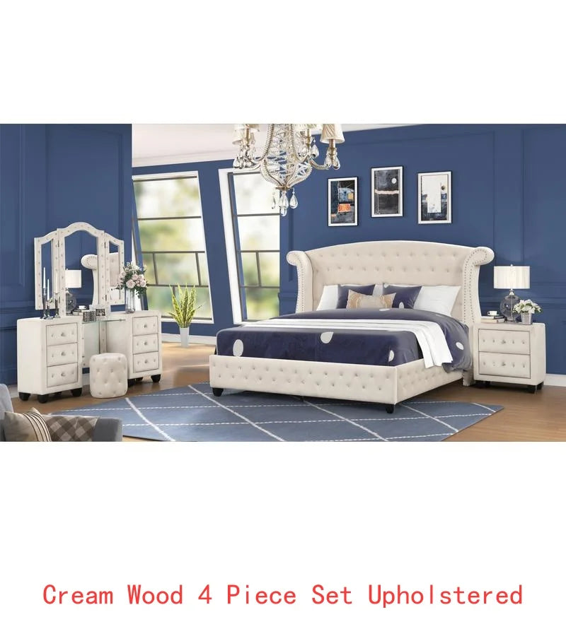 Upholstered Queen 4-Piece Vanity Bedroom Set, Crystal Tufted Design, Wooden Frame - Ohberri