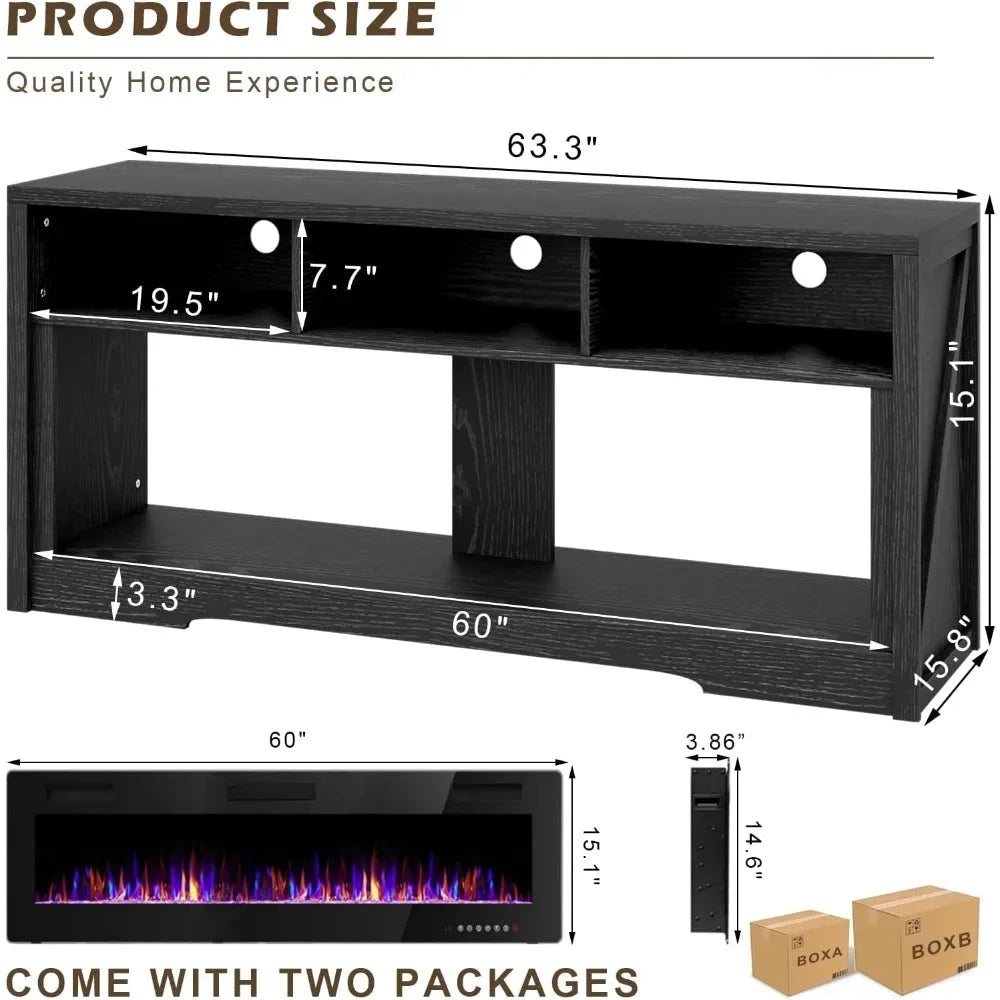 65''Fireplace TV Stand with 60" Fireplace with Open Storage Shelve Ohberri