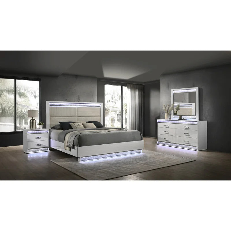 Modern style 4-piece set of queen size bed bedroom with white wooden LED headboard and bedside table - Ohberri