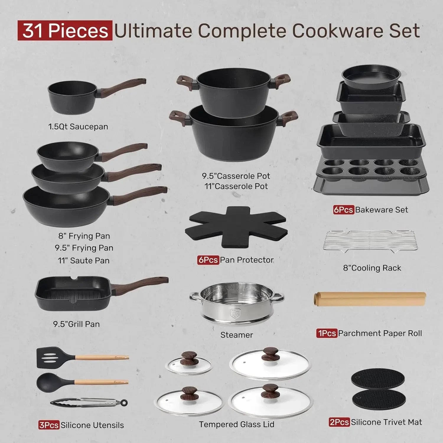 Non Stick 31 Piece Kitchen Nonstick Cooking Cookware Sets Ohberri