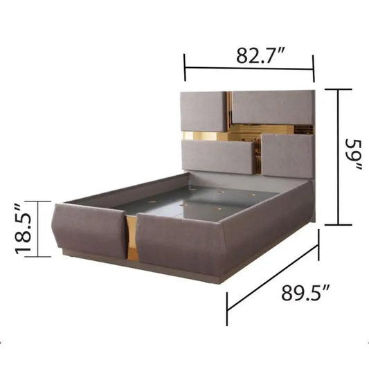 5-Pc Tufted Upholstered Bedroom Set with Wood & Gold Accents in Gray - Ohberri