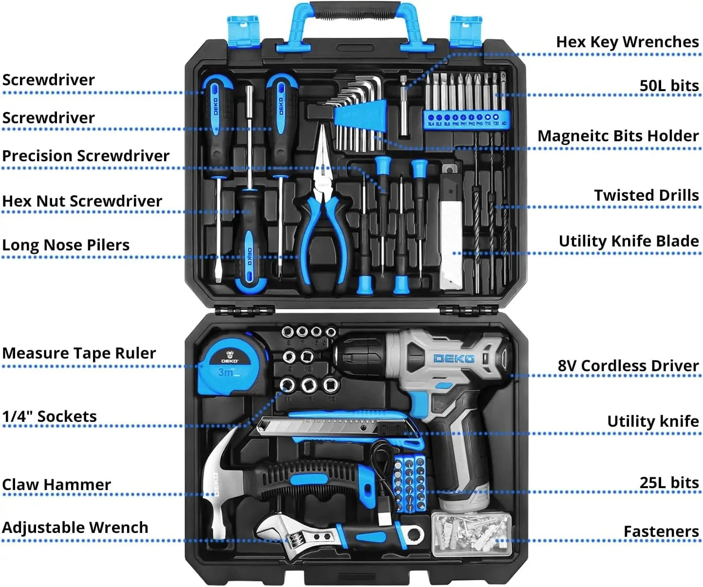 DEKO Drill Set: Tool Set with 8V Blue Cordless Drill 126 Piece Ohberri