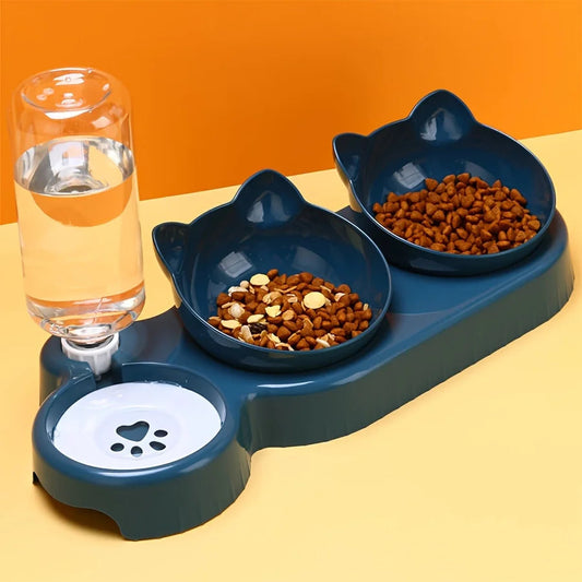 Pet Bowls With Water Feeder, 3 In 1 Ear Design Tilted Cat Water And Food Bowl Set With Gravity Water Bottle For Neck Protection Ohberri