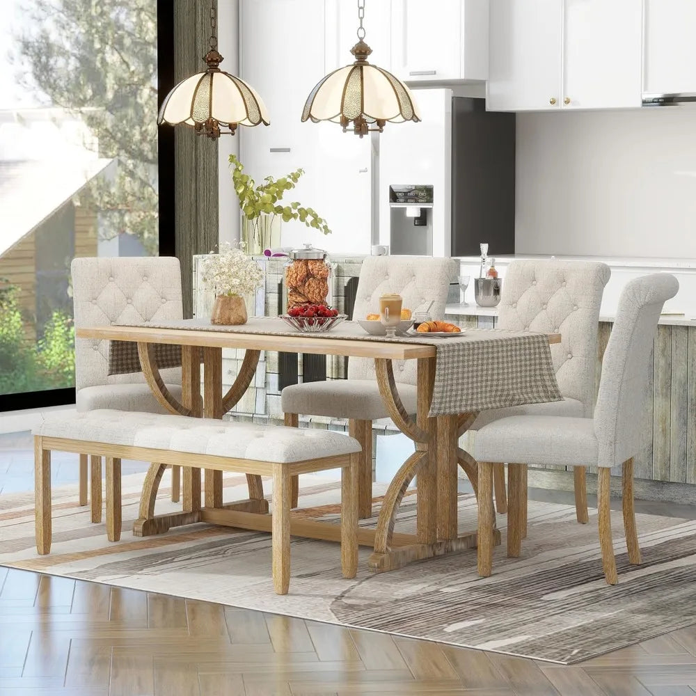 retro 6-piece dining table set, rectangular table with unique legs and 4 upholstered chairs & 1 bench - Ohberri