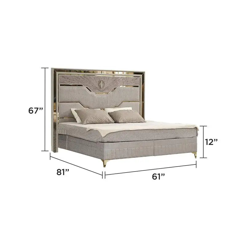 Modern Style 4-Piece Queen Upholstered Bedroom Set with Wood and Gold Accents in Beige - Ohberri
