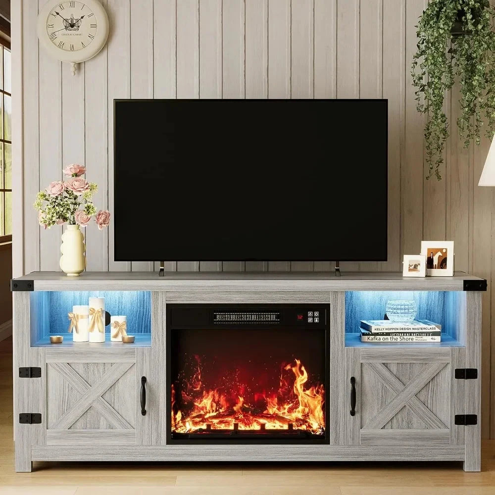 65 Inch LED Fireplace TV Stand with Mood Lighting, Cabinet with Open Shelf & Hidden Cable Routing Ohberri