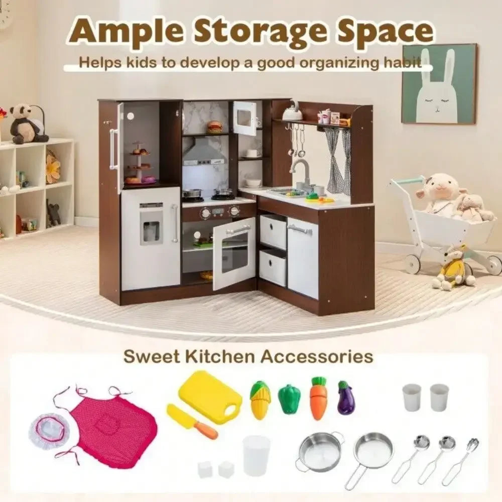 Corner Play Pretend Wooden Kitchen Set W/Water Circulation System & Lights - Ohberri