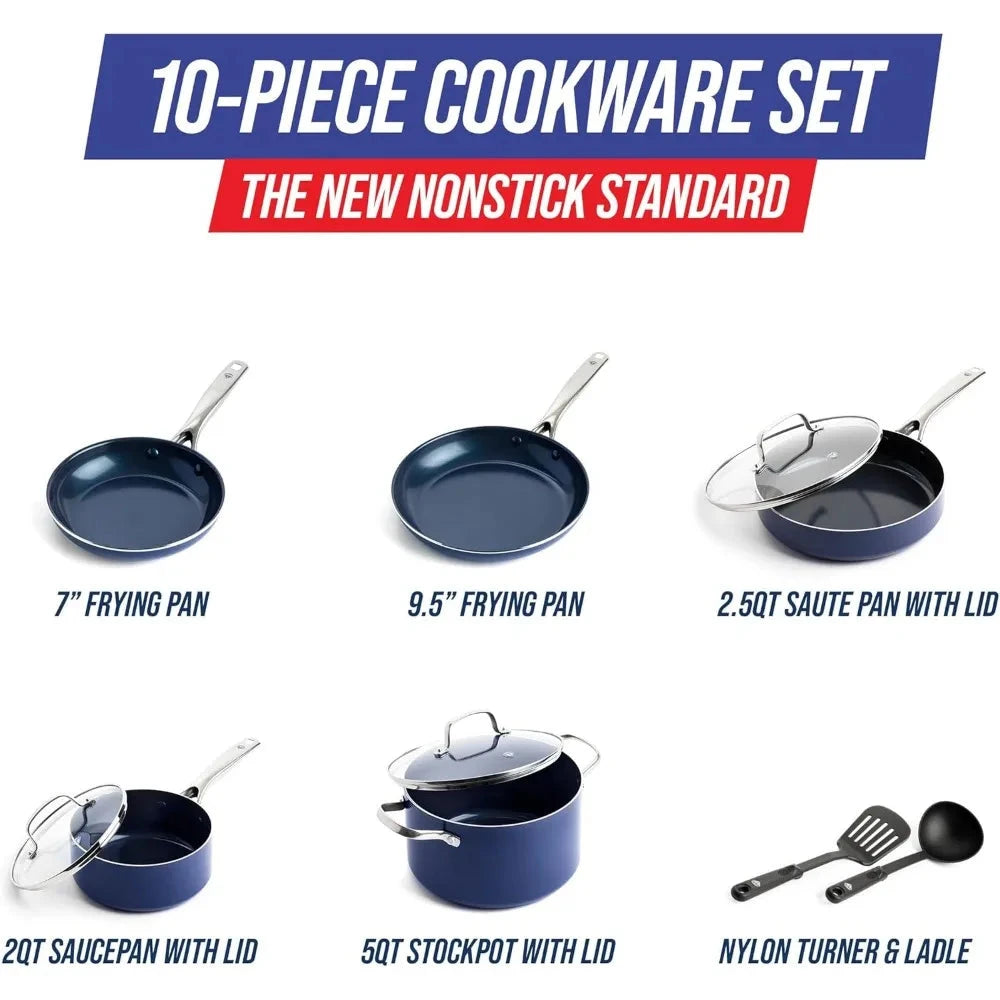 10 piece nonstick cookware set, diamond ceramic pots & pans & utensil Ohberri