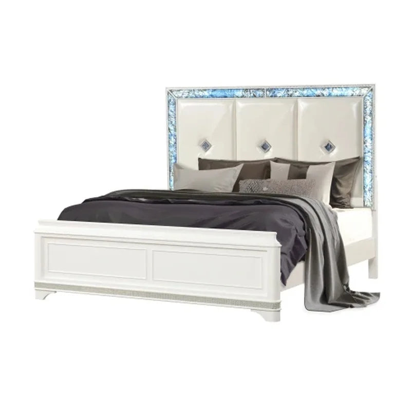 5 Pc King Upholstered Bedroom Set with Wood and Crystal Accents in White - Ohberri
