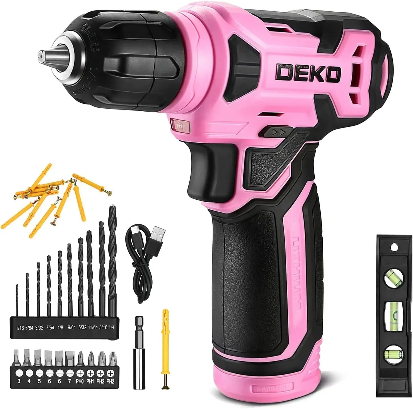 DEKO 8V Pink Cordless Drill, Drill Set with 3/8"Keyless Chuck, 42pcs Ohberri
