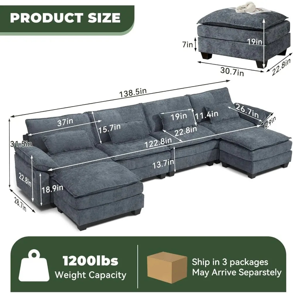 Cloud Couch Sectional with USB, Movable Ottoman, 3-Layer, Modern - Ohberri