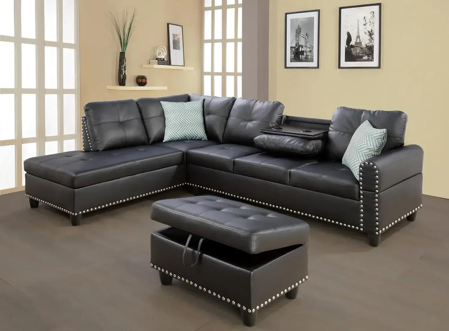 Sectional Sofa Couch, Modern 4-Seaters Living Room Furniture Sets with Chaise Lounge, Ottoman & 2 Pillows | L Shape Couch - Ohberri