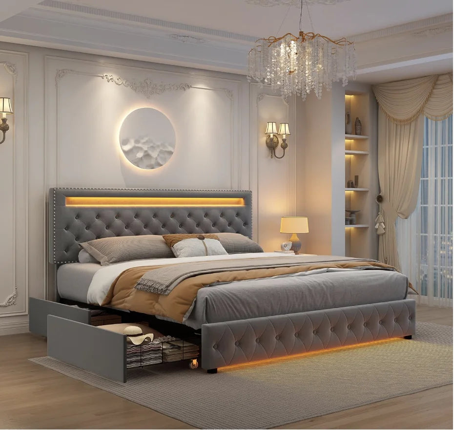 Bed Frame with 4 Storage Drawers, with Smart Control RGBW LED Lights Headboard Footboard, Control DIY Color, Box Sprin - Ohberri