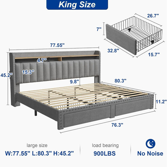 King Size Bed Frame with Storage and Headboard Upholstered King Bed Frame - Ohberri