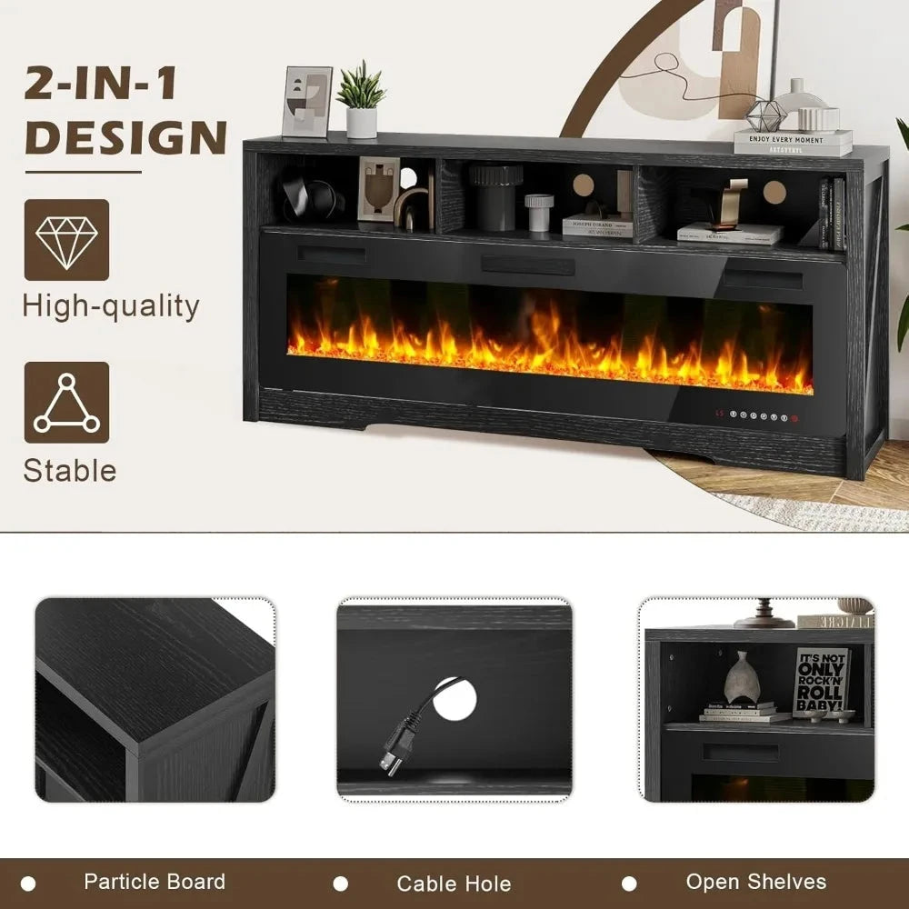 65''Fireplace TV Stand with 60" Fireplace with Open Storage Shelve Ohberri