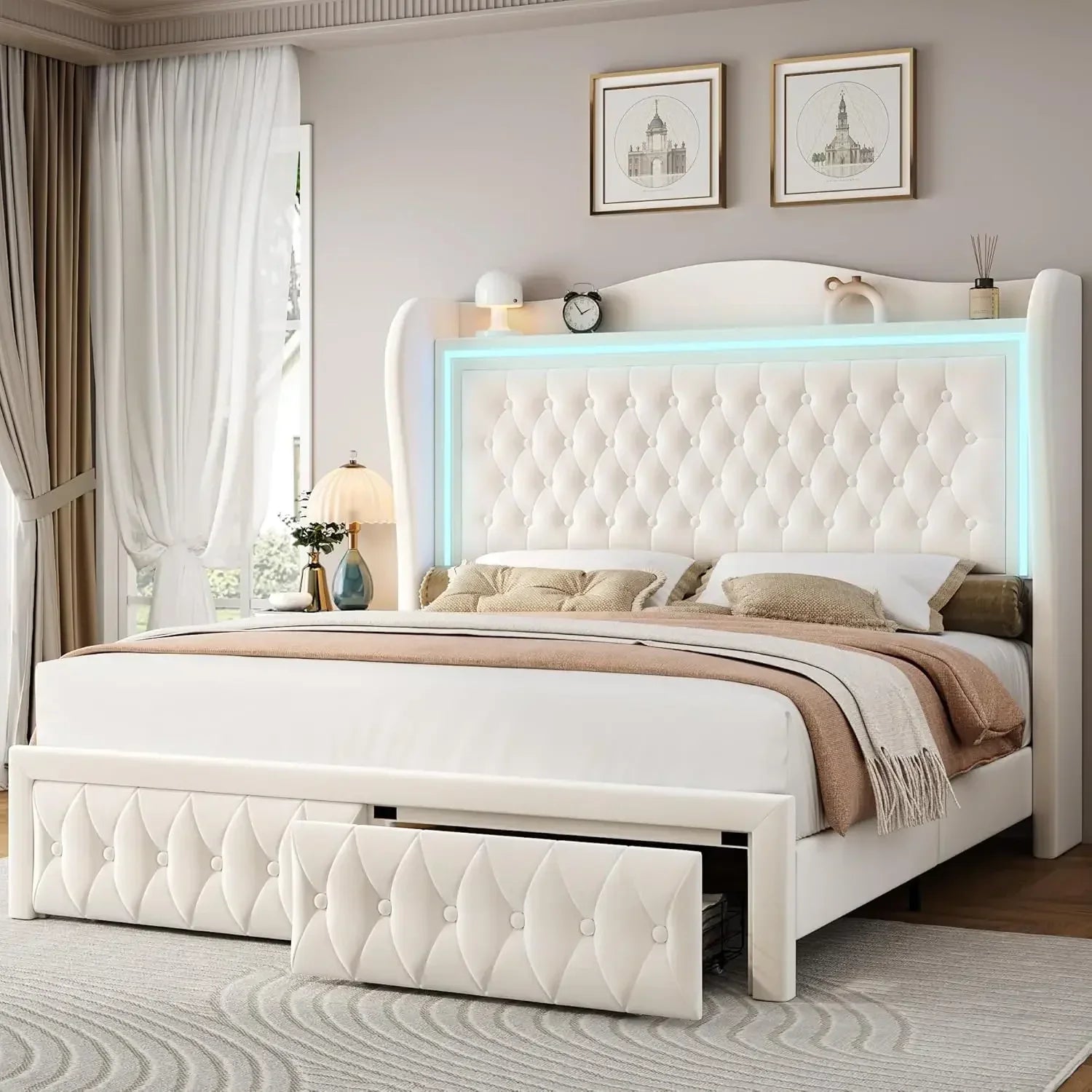 55" Tall Headboard LED, Tufted Velvet Upholstery, 2 Storage Drawers, Wood Slats- Beige - Ohberri