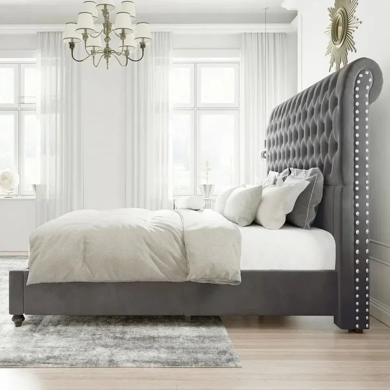 King Size Bed Frame with Velvet Tall Sleigh Headboard, 52.8" Button-Tufted Design, Elegant and Stylish - Ohberri