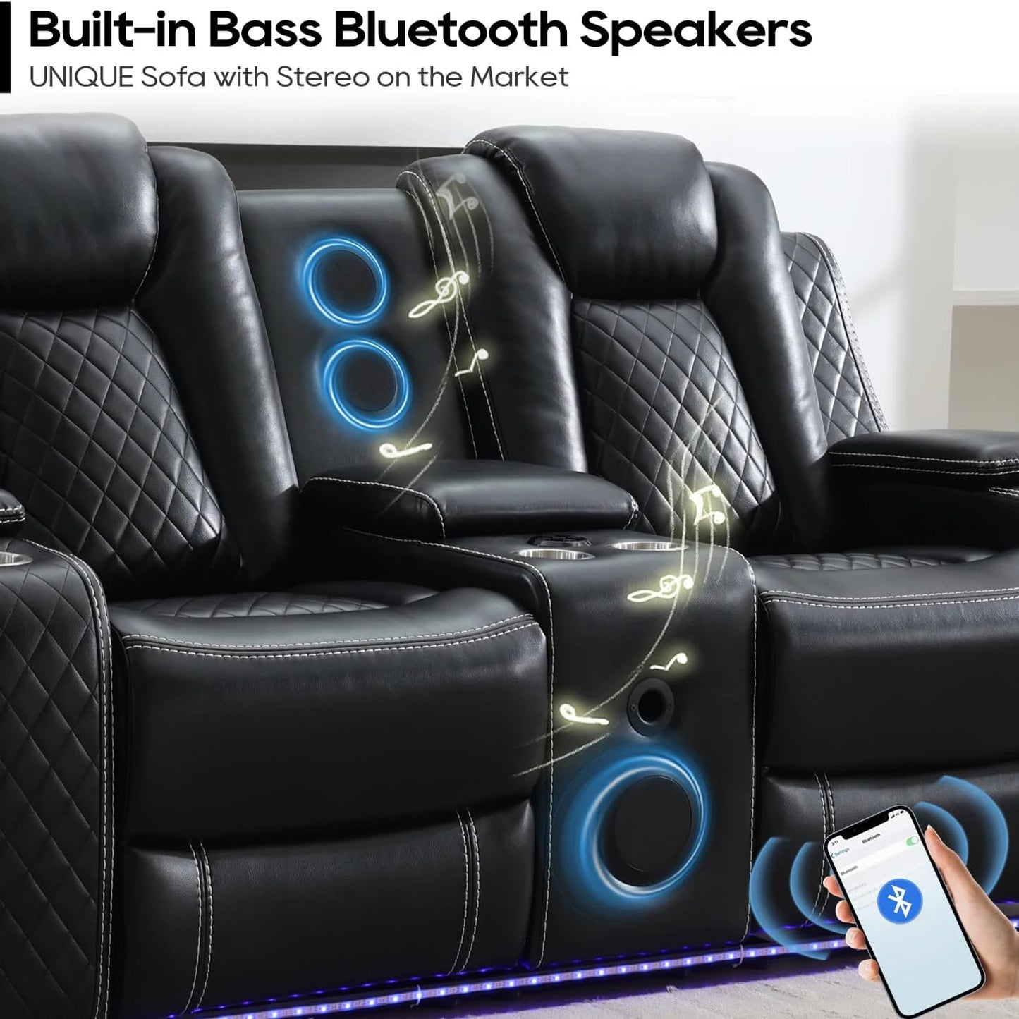 5 Seater Faux Leather Power Recliner Sofa Set with Drop-Off Table, Wireless Charger & Type-C, Loveseat with Bass Speaker - Ohberri