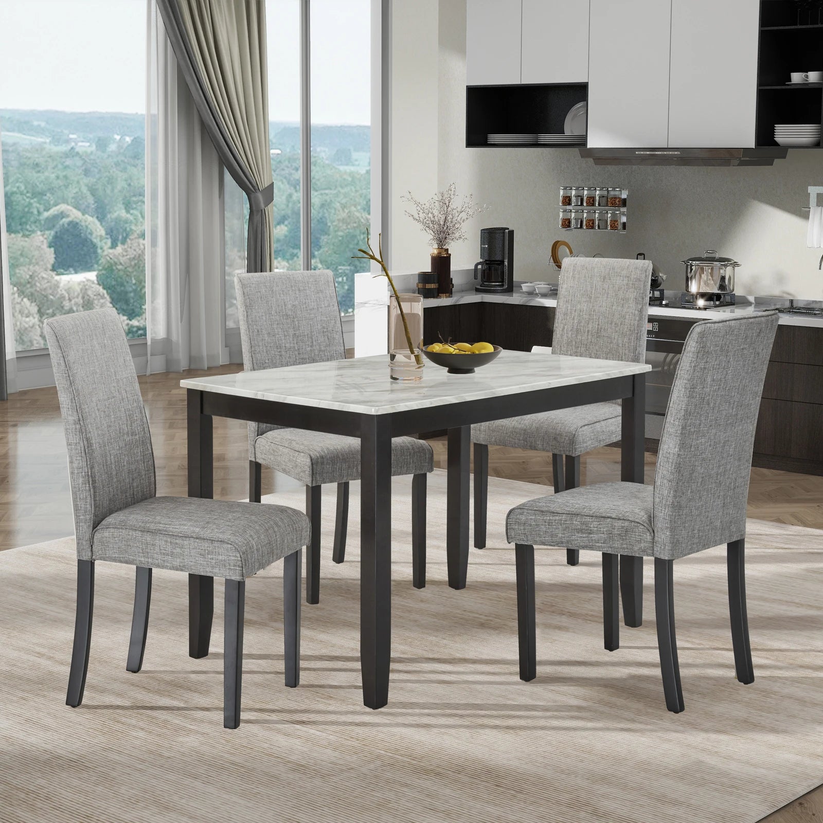 5-Piece Dining Set with Faux Marble Tabletop, Faux Marble dining table set for 4, Modern Wooden Dining Table Set for Kitchen - Ohberri