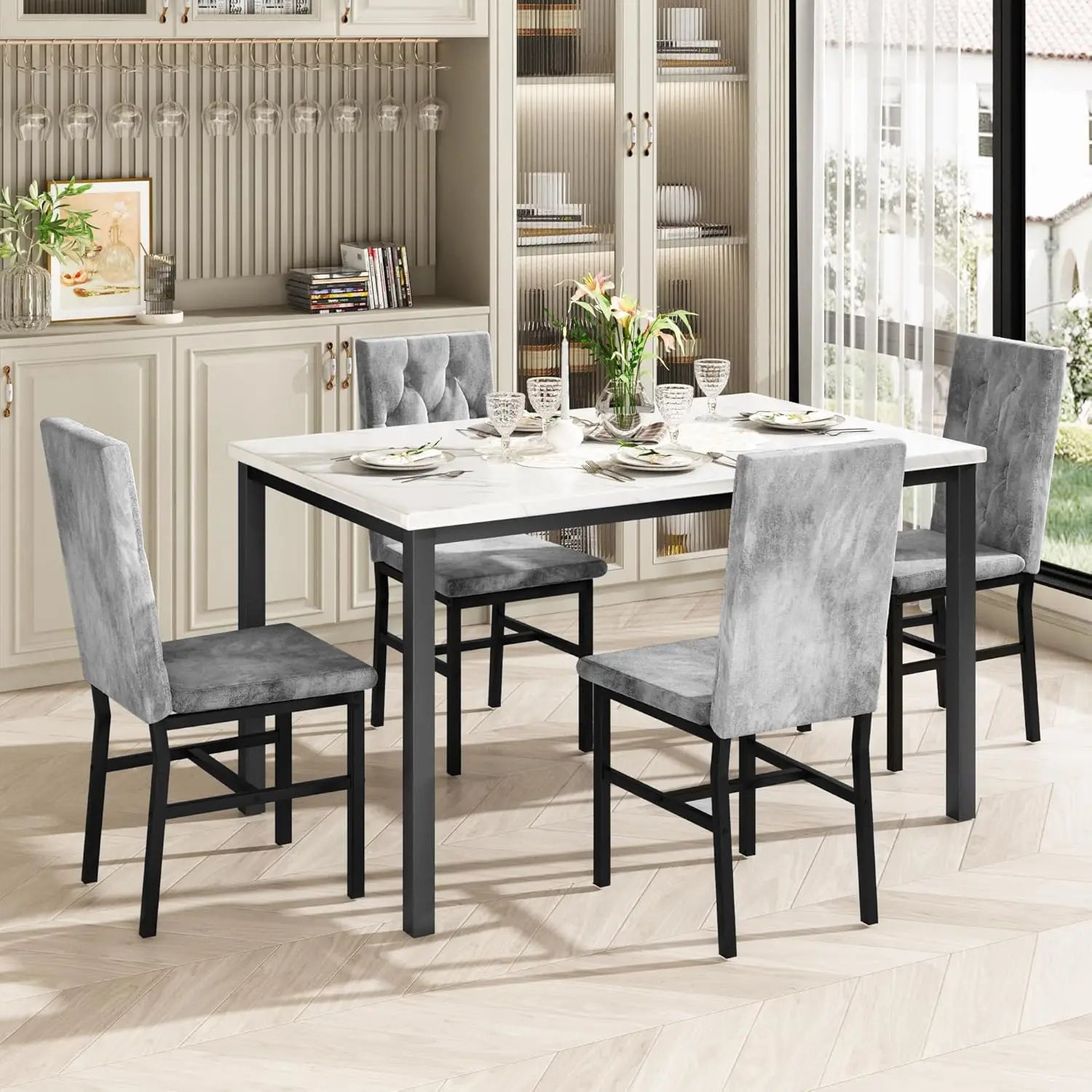 Dining Table Set for 4, Faux Marble Small Kitchen Table Chairs Set of 4 with Luxurious Button Tufted Dinner Chairs - Ohberri