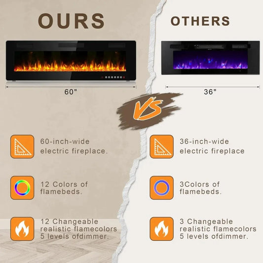 65''Fireplace TV Stand with 60" Fireplace with Open Storage Shelve Ohberri