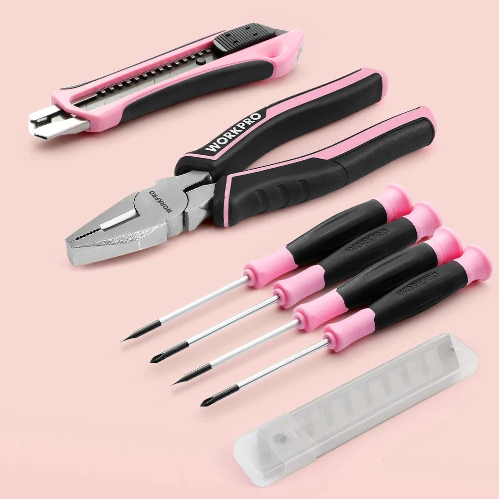WORKPRO 53-Piece Pink Tool set with Electric Cordless Screwdriver Ohberri