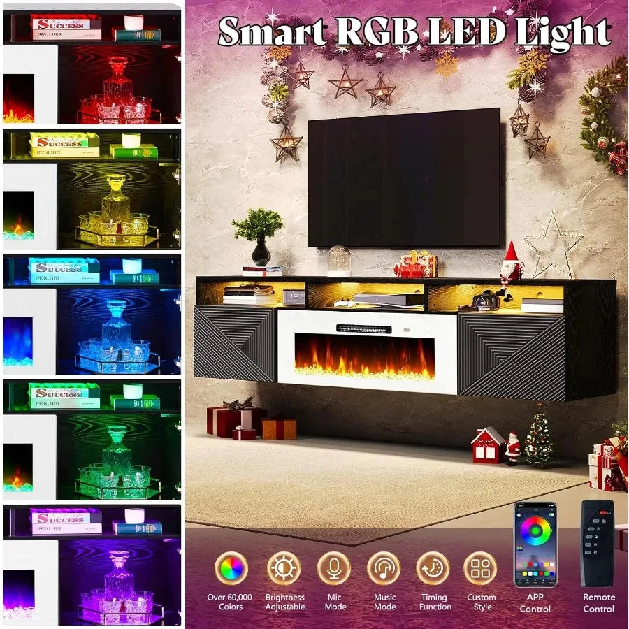 Floating TV Stand with 40 Electric Fireplace Modern Wall Mounted with Storage 80in Media Console Ohberri