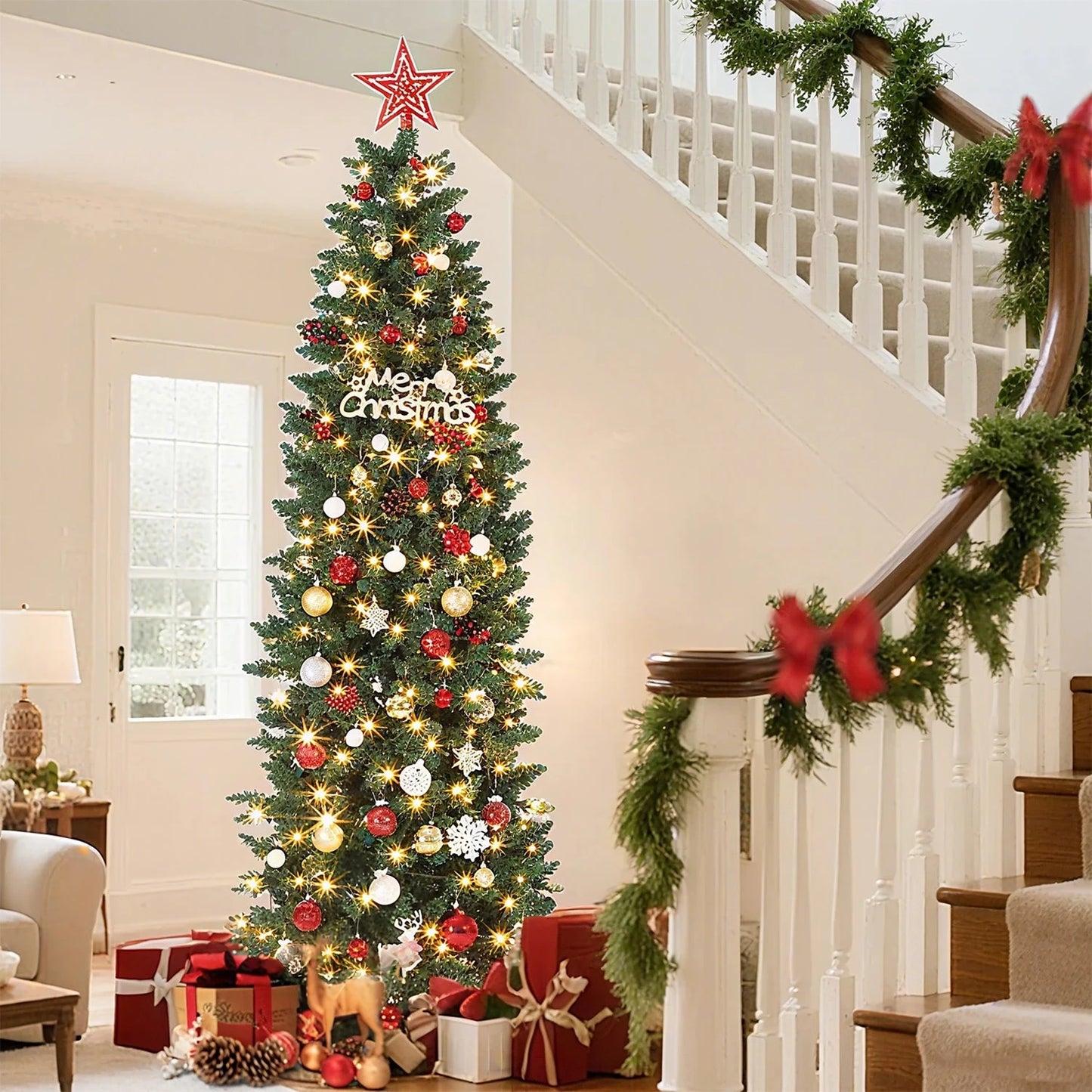 6/7.5/9/12 FT Pencil Christmas Tree Artificial Slim Christmas Tree With LED Light Ohberri