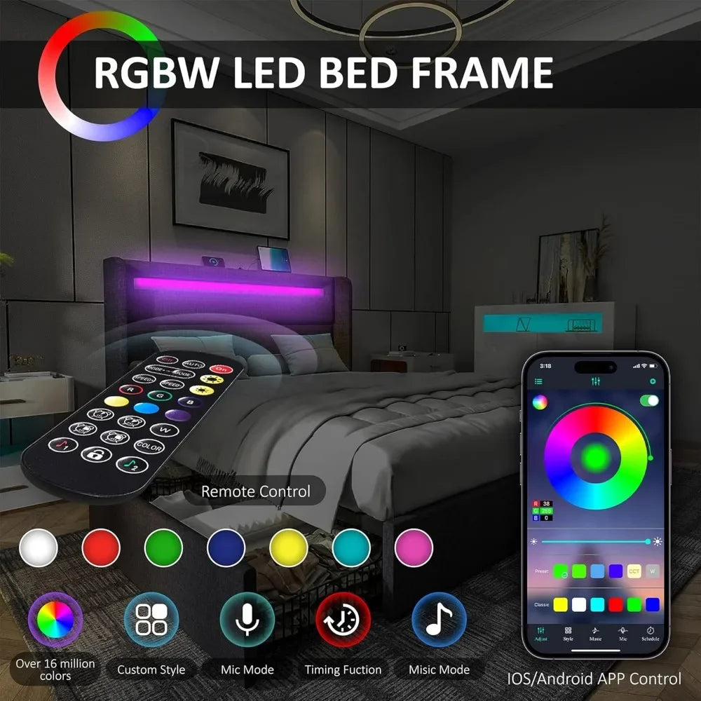 King Bed Frame with RGBW LED Lights Headboard & 4 Storage Drawers - Ohberri