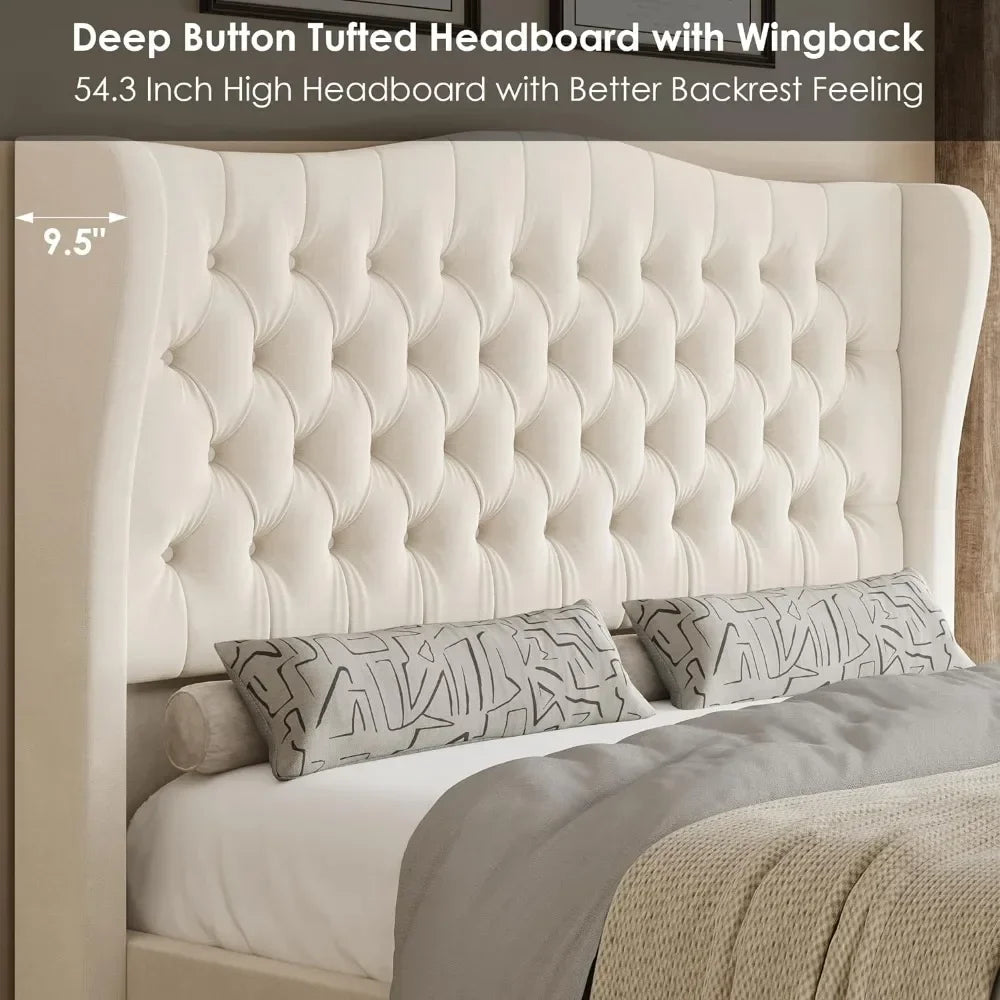 Velvet Upholstered Deep Button Tufted Wingback Headboard and Footboard - Ohberri