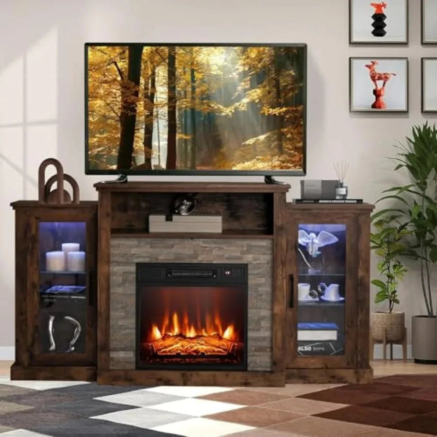 Electric Fireplace TV Stand for TVs Up to 65" TV Console with 16Color LED Light Adjustable Glass Shelves 19" Fireplace Ohberri