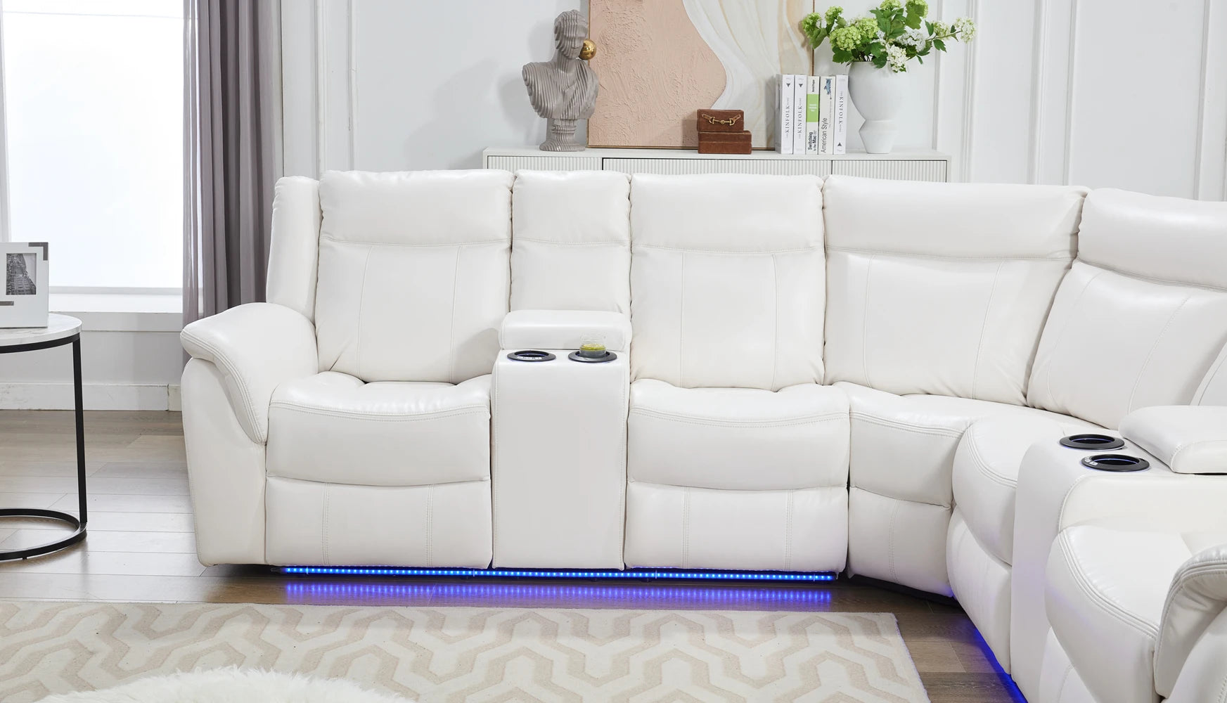Power Recliner with LED Lights, USB, Cup Holders Storage Console Faux Leather Sectional - Ohberri