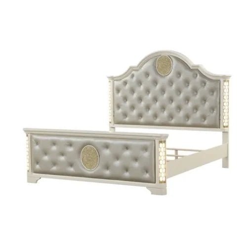 Queen 5 Pc Unique LED Vanity Bedroom Set made with Wood in Beige - Ohberri